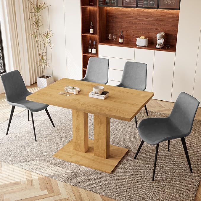 Dining Table Set for 4-6 People, 46 Inch Modern MDF Oak Kitchen Table with 4 Faux Leather Chairs, Rectangular Dining Room Table Set for Home, Small Spaces, Breakfast Nook (Oak Table + 4 Grey Chairs)