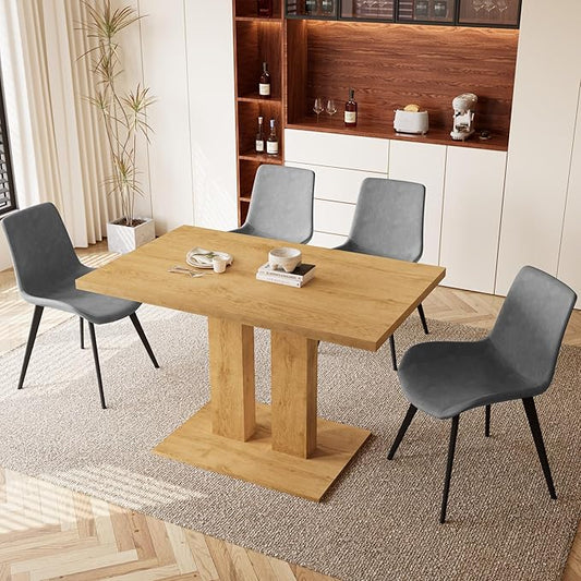 Dining Table Set for 4-6 People, 46 Inch Modern MDF Oak Kitchen Table with 4 Faux Leather Chairs, Rectangular Dining Room Table Set for Home, Small Spaces, Breakfast Nook (Oak Table + 4 Grey Chairs)