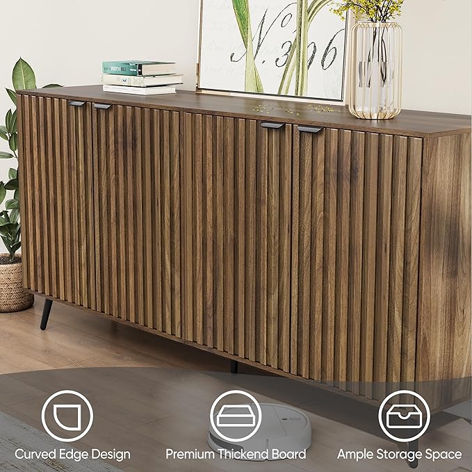 Smuxee 63" Fluted Sideboard Cabinet, Freestanding Walnut Buffet Cabinet with Adjustable Shelf, Wood Storage Cabinet for Living Room, Entryway, Hallway