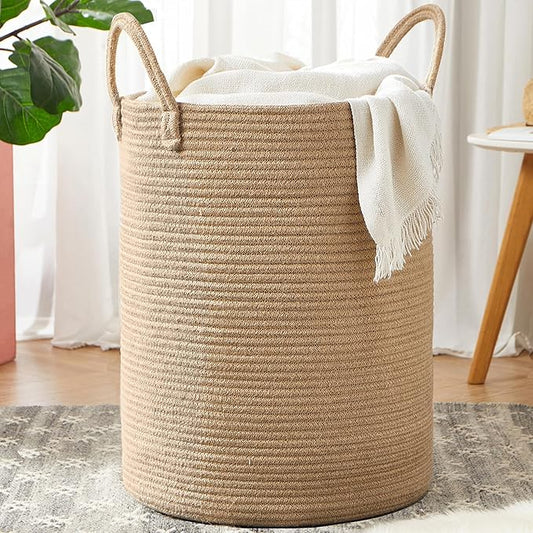 80L Extra Large Jute Woven Hamper Laundry Basket Wicker Rope Clothes Hamper for Baby Nursery Kids Tall Rattan Blanket Basket in Living Room Bedroom