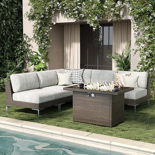 LayinSun 6-Piece Outdoor Modular Wicker Sectional Sofa with Fire Pit Table, Patio Furniture Conversation Set with Deep Seating and Thick Cushions