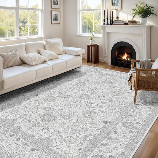 Boho Washable Area Rug Neutral Grey 5x7 Rugs for Living Room, Floral Modern Bedroom Rug Indoor Carpet for Dining Room Kids Room Playroom