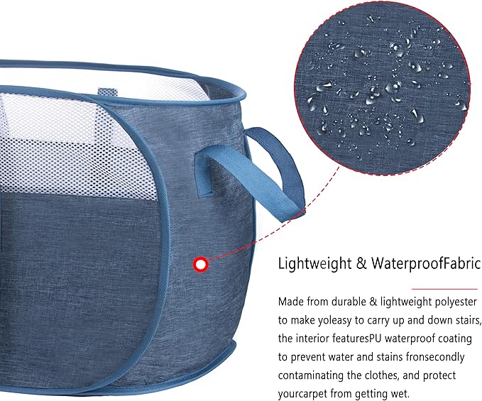 Pop Up Laundry Hamper，with Durable Handles collapsible laundry basket，Easy to Open and Fold for college Dorm,kids room，travel (black+blue)…