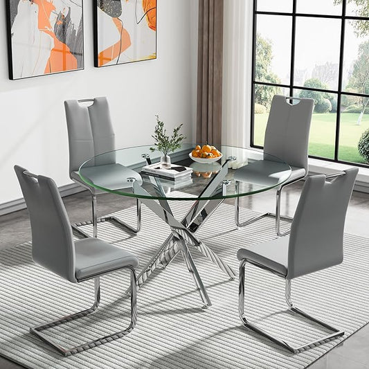 Goujxcy Round Dining Table Set for 4, Modern Glass Kitchen Table and Chairs Set of 4, 5 Piece Dining Room Table Set with 47" Circle Silver Metal Glass Dinner Table and 4 Grey Leather Dining Chairs