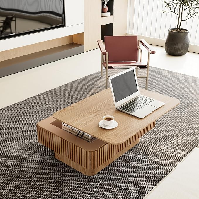 38.6" Lift Top Fluted Coffee Table with Storage, Rectangle Coffee Table with Solid Wood Veneered, Modern Wooden Center Table, Accent Tea Table for Living Room Apartment, Natural