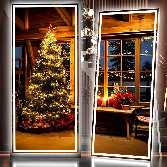Hasipu Full Length Mirror with Lights, 79" x 32" LED Lighted Floor Standing Mirror, Full Body Dressing Hanging Mounted Mirrors, Dimmable, Tempered Glass, Safe to Use, Square White