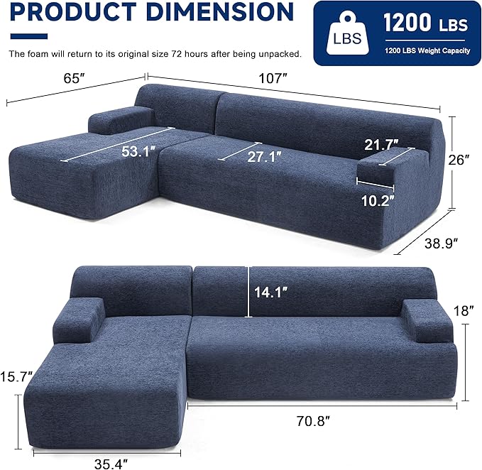 107” Chenille Modular Sectional Sofa, Modern Sofa Couch for Living Room, High Density Sponges Cloud Couch Sectional, L-Shape Couches for Living Room, Blue