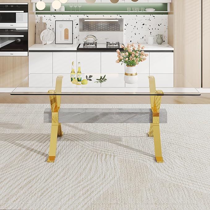 79" Glass Dining Table, Modern Kitchen Table, Modern Dining Table for 8, 0.5" Thick Tempered Glass Tabletop with Gold Chrome Metal Legs and Grey Crossbar, Ideal for Dining Room, Kitchen