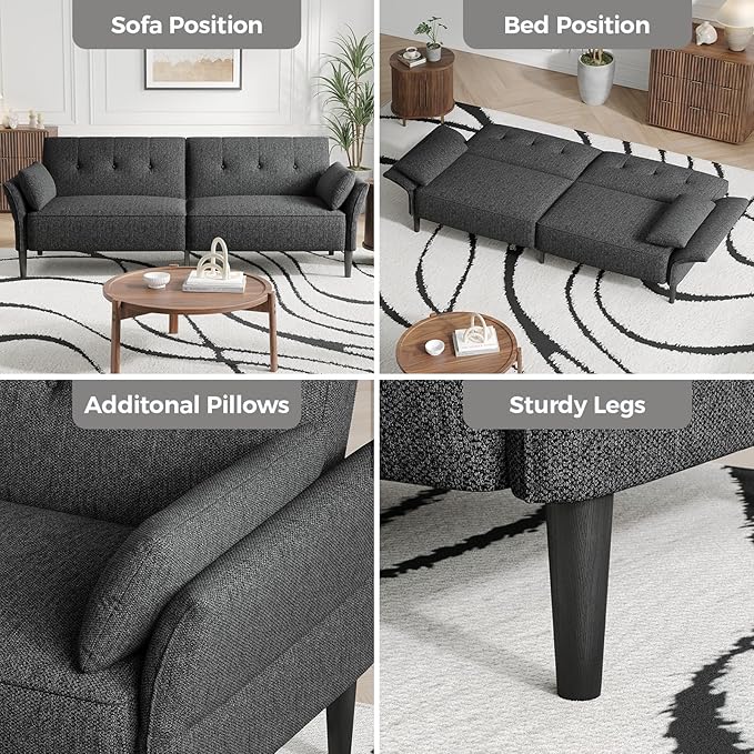 89” Futon Sofa Bed,Comfy Futon Couch Bed with 2 Square Pillows,Convertible Sleeper Sofa with Adjustable Backrest& Armrests, Modern Loveseat Sleeper for Living Room, Bedroom, Linen Dark Gray