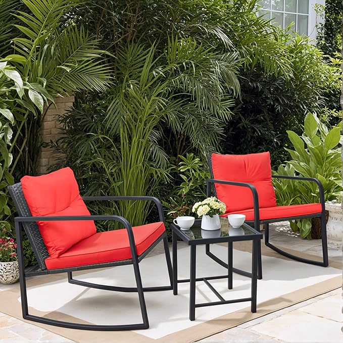 Greesum 3 Pieces Rocking Wicker Bistro Set, Patio Outdoor Furniture Conversation Sets with Porch Chairs and Glass Coffee Table, Red
