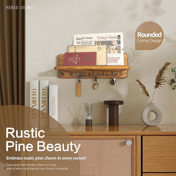 Rebee Vision Farmhouse Key Holder Wall Mount for Room Decor – Modern Key Hanger with 8 Durable Hooks & Floating Shelf Suitable for Perfume Storage– Mail Organizer for New House Essentials(Yellow)