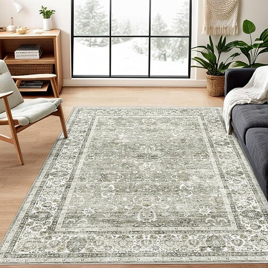 Deerly Washable Rug 5x7 Area Rugs for Living Room, Non Slip Large Rug for Bedroom Dining Room, Low-Pile Kid & Pet Friendly Distressed Carpet Print Floor(Cream)