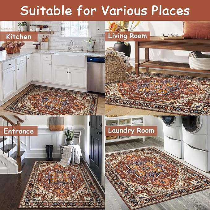Moynesa Ultra-Thin Washable Oriental Area Rug - 3x5 Non-Slip Laundry Room Rug, Non-Shedding Stain Resistance Low Pile Kitchen Mat Indoor Throw Carpet for Fall Decor Bathroom, Brown/Multi