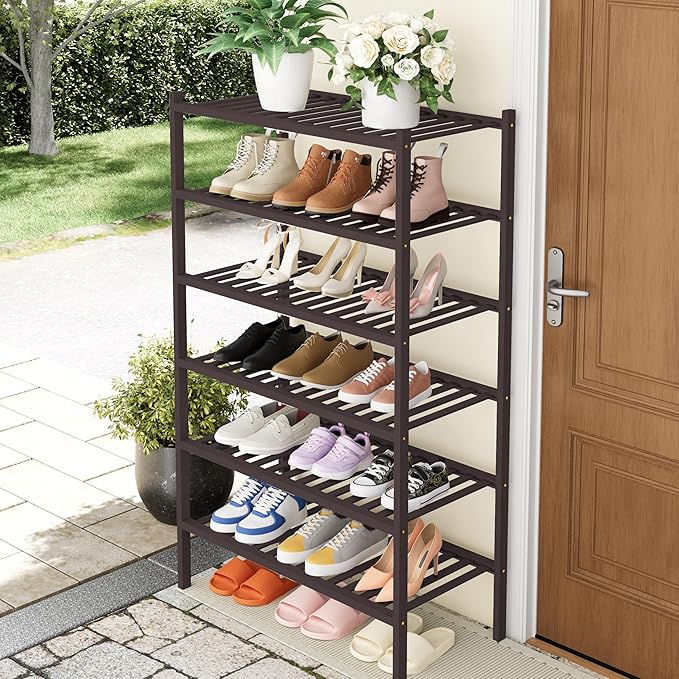Smiry Shoe Rack, 6 Tier Thick Bamboo Shoe Organizer, Stackable Free Standing Wooden Shoe Storage Shelf for Closet, Entryway, Front Door Entrance, Brown