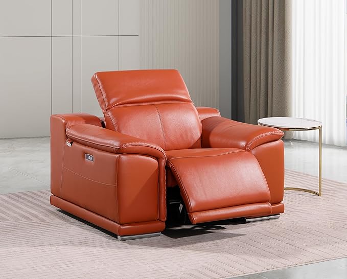 Blackjack Furniture Venice Top Grain Italian Leather Power Recliner Chair with Adjustable Headrest Modern Luxury Seating for Living Room Lounge, Camel