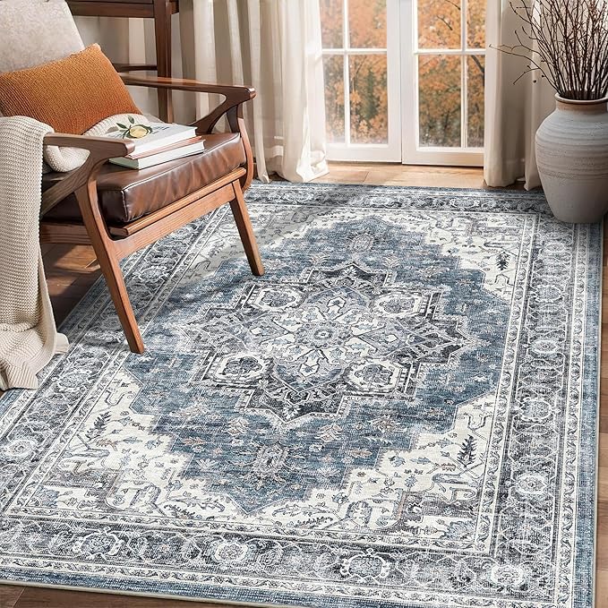3x5 Vintage Area Rugs for Indoor Entrance Stain Resistant Washable Entryway Rug Ultra Soft Low Pile Lightweight Carpet Faux Wool Rugs for Living Room Bedroom Playroom Home Office
