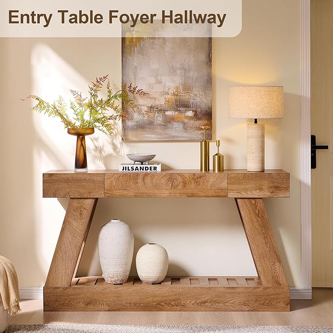 60" Farmhouse Entryway Table with Drawer, Wooden Hallway Foyer Table with Heavy Duty Base, Sofa Table for Living Room(Light Knotty Oak)