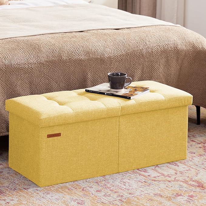HAUSFRAU 31.5 Inches Ottoman with Storage Bench, Folding Ottoman Bench Small Foot Rest Stool, Bedroom Bench with Flipping Lid, Linen Yellow