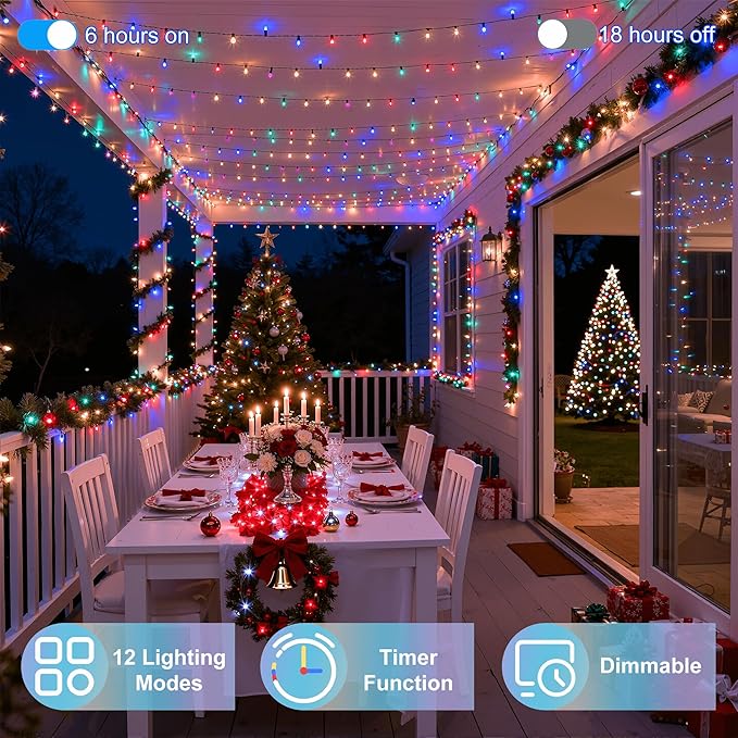 350LED 90FT Christmas Lights Indoor Outdoor, 12 Modes Multicolor Outdoor String Lights with Timer & Dimmable, Green Wire Christmas String Lights for Tree Patio Yard Fence Bedroom Wedding Garden Decor