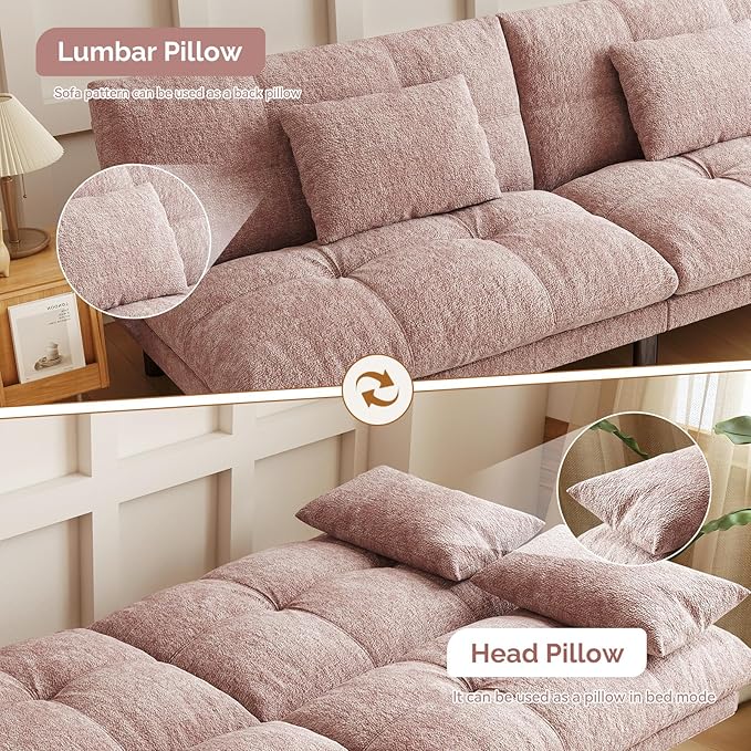 Futon Sofa Bed Convertible 70 inch Solid Wood Couch for Living Room, Chenille Fabric, 2 Cushions (Pink)