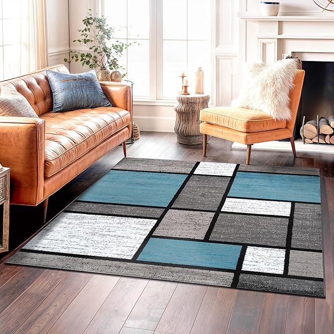 Rugshop Modern Geometric Boxes Blue Area Rug, Non-Shedding Square Carpet for Bedroom, Dining Room, or Home Office, 6'6" x 6'6"