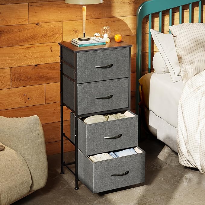 WLIVE Dresser with 4 Drawers, Storage Tower, Organizer Unit, Fabric Dresser for Bedroom, Hallway, Entryway, Closets, Sturdy Steel Frame, Wood Top, Easy Pull Handle, Dark Grey
