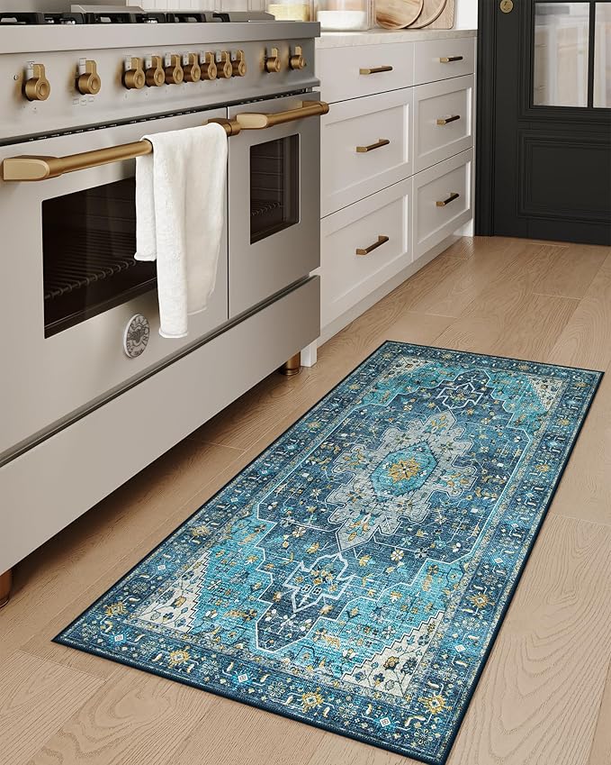 Moynesa 2x4 Teal Vintage Floral Medallion Runner Rug - Machine Washable, Non-Slip, Low Pile, Indoor Use Only
