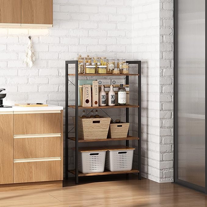 4-Tier Bookshelf, 47.2'' H Ladder Shelf, Industrial Bookcase, Wooden and Metal Storage Rack, Shelving Unit for Living Room Entryway Office, Rustic Brown Book Shelves, 24 * 11.8 * 47.2 inches