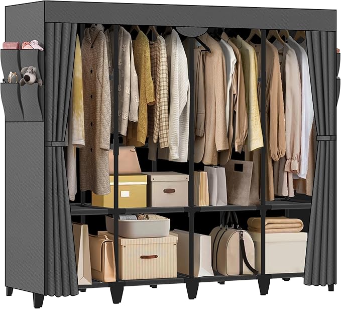 Wardrobe Closet, Quick and Easy Assembly, Gray Large Capacity Portable Closet with 4 Hanging Rods 8 Storage Shelves and 8 Side Pockets, Clothes Rack with Cover, for Bedroom and Living Room
