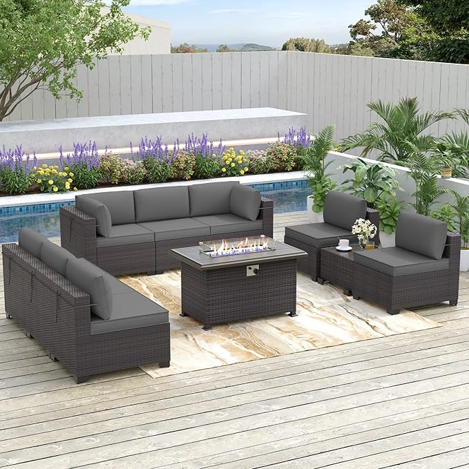 Kurapika 14 Pieces Patio Furniture Set, Rattan Wicker Outdoor Conversation Sets w/4 Inch Cushion and Glass Coffee Table(Grey)