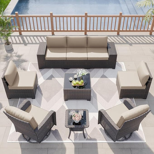 Kurapika 9 Pieces Patio Furniture Set, Rattan Wicker Sofa Set, Outdoor Conversation Sets w/Swivel Rocking Chairs Patio Sectional Sofa w/4 Inch Cushion, Sand