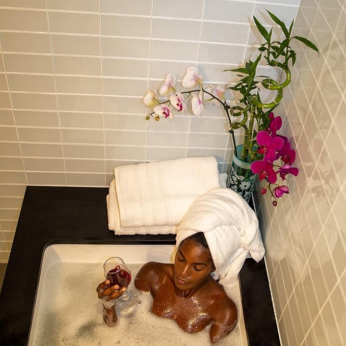 Mosobam Luxury Turkish 12pc Towel Set 30X58 16X30 13X13 White Oversize 700 GSM Bamboo Viscose & Aegean Turkish Combed Cotton