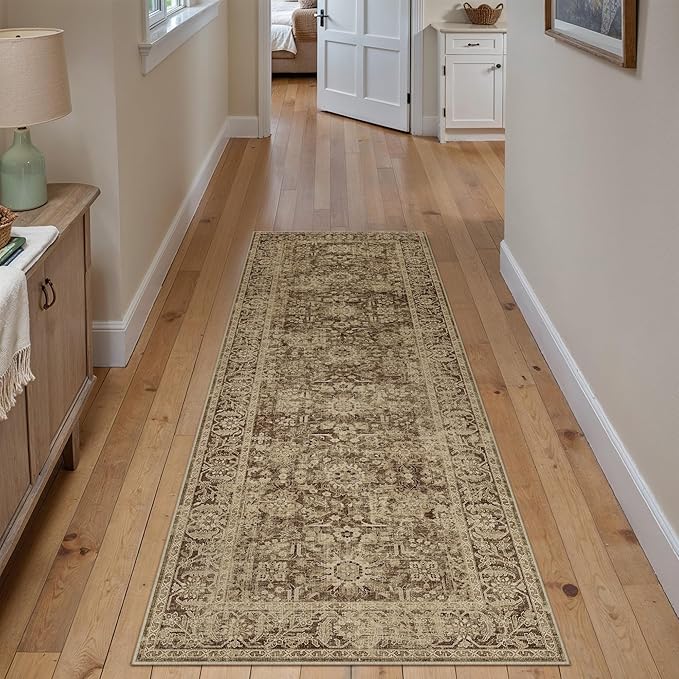 Brown 2x6 Runner Rug Hallway Non Slip Kitchen Vintage Distressed Long Carpet Indoor Machine Washable Traditional Floral Bedroom Accent Throw Rug for Office Laundry Bathroom Dining Living Room