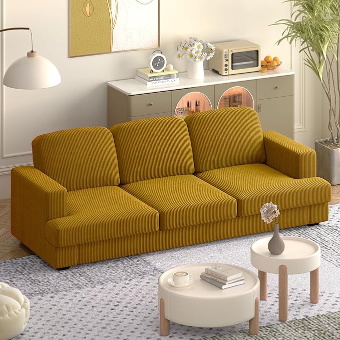WiberWi 87 inch Couches for Living Room, Comfy 3 Seater Sofa with Deep Seat, Modern Corduroy Couch with Wide Armrests, Upholstered Backrests with Removable Cover, Mustard