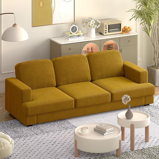 WiberWi 87 inch Couches for Living Room, Comfy 3 Seater Sofa with Deep Seat, Modern Corduroy Couch with Wide Armrests, Upholstered Backrests with Removable Cover, Mustard
