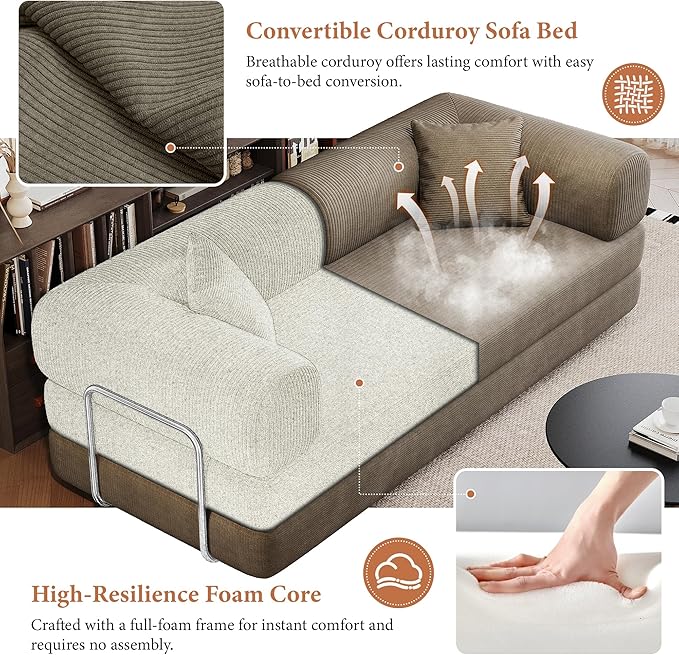 Boneless Couch Sectional Sofa,Convertible Sofa Bed with Sleeper Sofa,Futon Floor Couch Folding Sofas for Living Room,Bedroom,Apartment (Camel, 78.8''W)