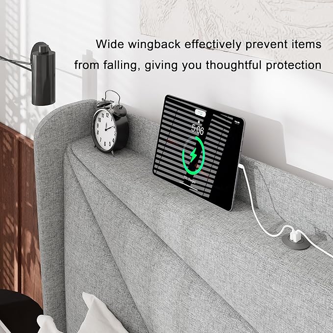 Feonase Full Bed Frame with Charging Station, Linen Upholstered Platform Bedframe with Wingback Headboard, Solid Wood Slats Support, Noise Free, No Box Spring Needed, Light Grey