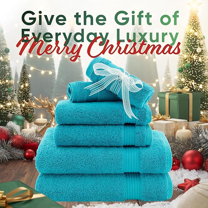 American Veteran Towel, 6 Piece Towel Set for Bathroom, 100% Cotton Turkish Bathroom Towels, 2 Bath Towels 2 Hand Towels 2 Washcloths, Aqua Blue