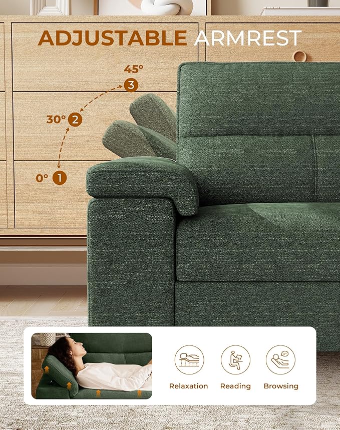 88.97" L Shaped Sectional Couches for Living Room, Deep Seat Sofa with Big Storage Ottoman & 8”Cushion, Comfy 2-Seater Chenille Loveseat, Convertible Armrest, Removable Cover for Small Space(Green)