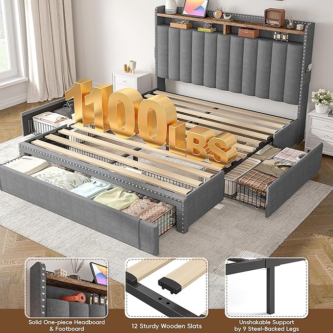 EnHomee Queen Size Bed Frame, Upholstered Queen Bed Frame with 3 Storage Drawers & 2-Tier Headboard Shelves, 1100LBS Heavy Duty, No Box Spring Needed, Easy Assembly, Grey