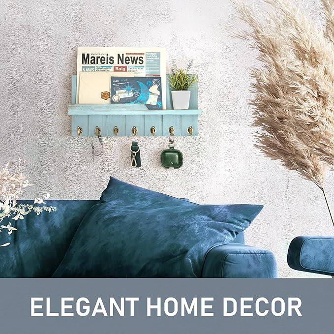 Rebee Vision Decorative Key Holder Wall Mount - Modern Farmhouse Key and Mail Holder for Wall with Shelf and 7 Key Hooks for Mail Organizer - Mid Century Aesthetic Room Decor (Distressed Blue)