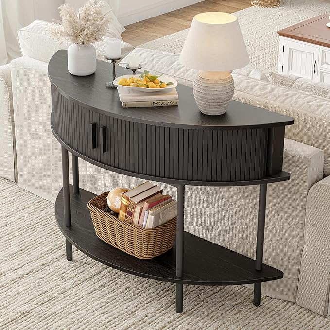 ONBRILL Half Moon Fluted Console Table, Entryway Table with Storage, Mid-Century Modern Sofa Tables, Behind Couch Tables, for Entryway, Hallway, Living Room, Small Spaces, Black