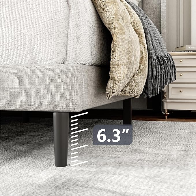 Queen Size Bed Frame with Upholstered Wingback Headboard, Easy Assemnly Platform Bed, Wooden Slat Support No Box Spring Needed, Sand