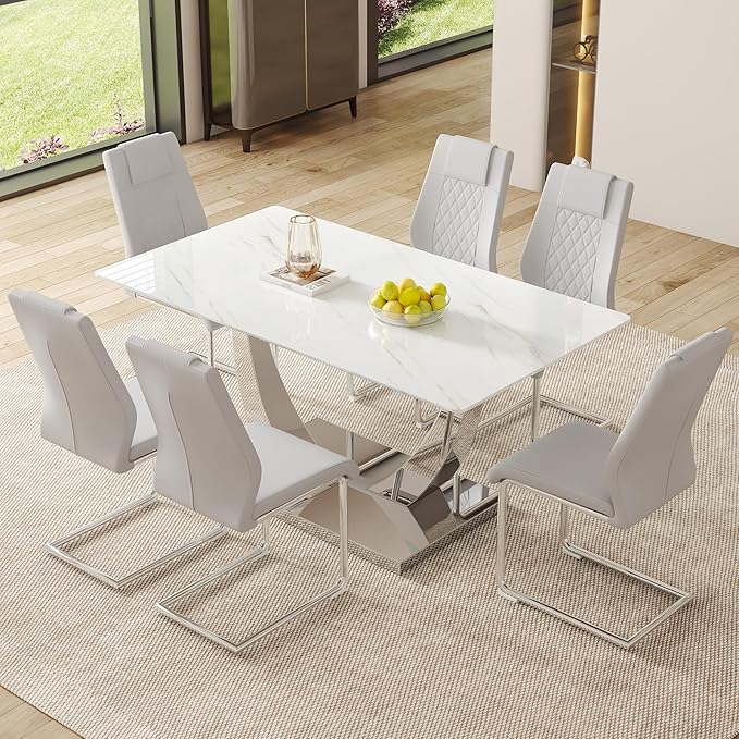 AZmac 63" Modern Dining Table Set for 6, White Dining Room Set for 6, Tempered Glass Kitchen Table and PU Leather Chairs, Marble Pattern Top with Sturdy Silver Chrome Base