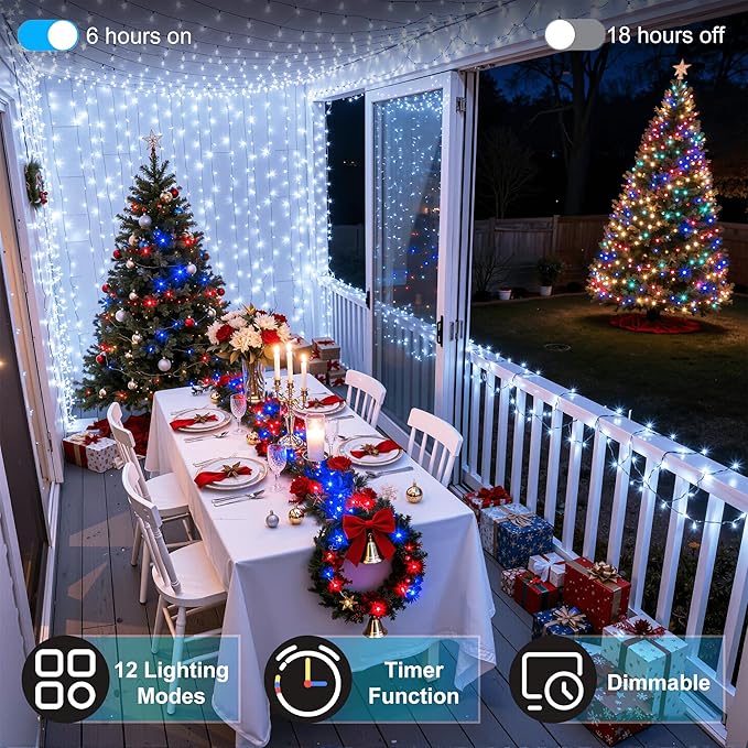 1500LED Christmas Lights Outdoor Use, 470ft 12 Modes Cool White LED String Lights with Timer Dimmable, Waterproof Christmas Lights for Tree Wedding Xmas Patio Fence Balcony Garden Decor Cool White