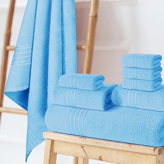 BOUTIQUO 100% Cotton Towel Set, Contains 4 Soft Bath Towel, 6 Hand Towels, 8 Wash Cloths - Compact Absorbent Lightweight & Quickdry Towels for Bathroom - 18 Piece Bathroom Towel Set - Sky Blue