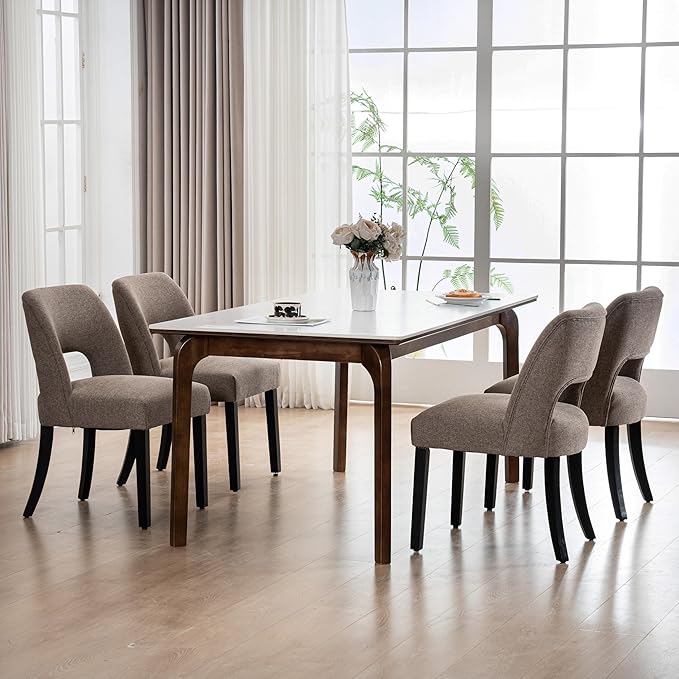 VKNOW Wooden Dining Chairs Set of 4, Modern Fabric Upholstered Dining Room Chair Kitchen Chairs, Farmhouse Dinner Chair for Kitchen Dining Room, Brown-Black Legs