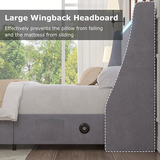 VECELO Full Size Bed Frame with Storage Drawers, Upholstered Platform Bedframe with Wingback Headboard, No Box Spring Needed, Light Grey