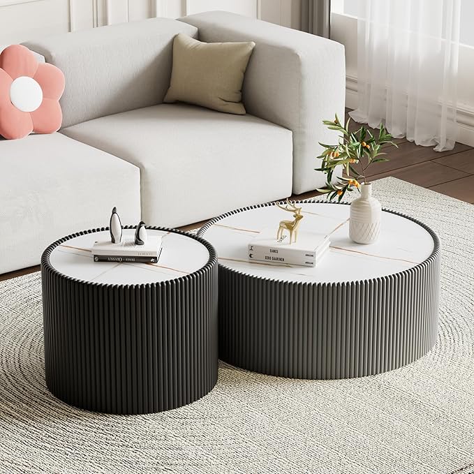 Black Round Coffee Table with Sintered Stone Tabletop, 17.71" Drum Coffee Table with Fluted PU Leather Covered and Stable Base, Circle Cocktail Tea Table for Living Room
