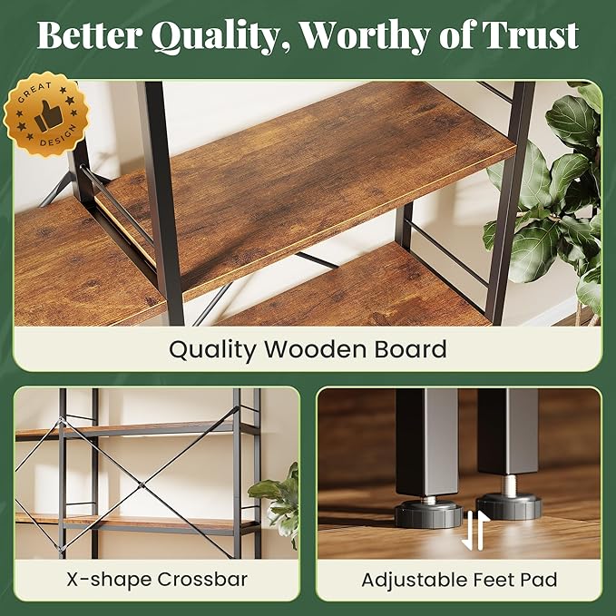 Huuger 4 Tier Bookshelf, L Shaped Corner Bookshelf with 8 Open Shelves, 49.4 Inch Straight Wide Bookcase with Metal Frame and Wooden Board, Adjustable Feet, Rustic Brown